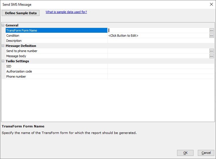 The Send SMS Message Action Editor